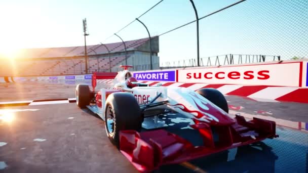 Pilota di Formula 1 in un'auto da corsa. Concetto di razza e motivazione. Splendido tramonto. Animazione realistica 4k . — Video Stock