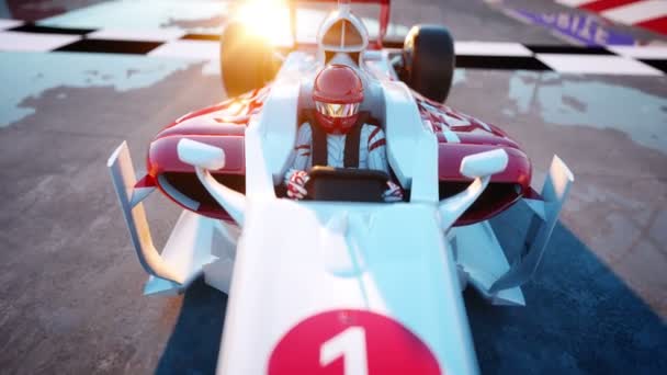 Rennfahrer der Formel 1 in einem Rennwagen. Rasse und Motivationskonzept. wunderbarer Sonnenuntergang. realistische 4k-Animation. — Stockvideo