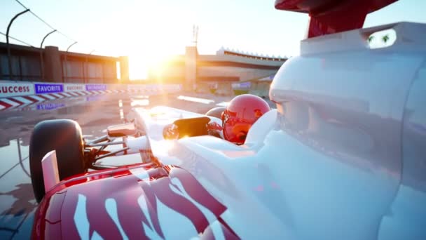 Corredor de fórmula 1 en un coche de carreras. Concepto de raza y motivación. Maravillosa puesta de sol. Animación realista 4k . — Vídeo de stock