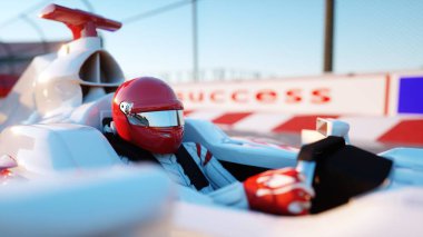 Formula 1 yarış otomobil yarışçısı. Irk ve motivasyon kavramı. Harika gün batımı. 3D render.