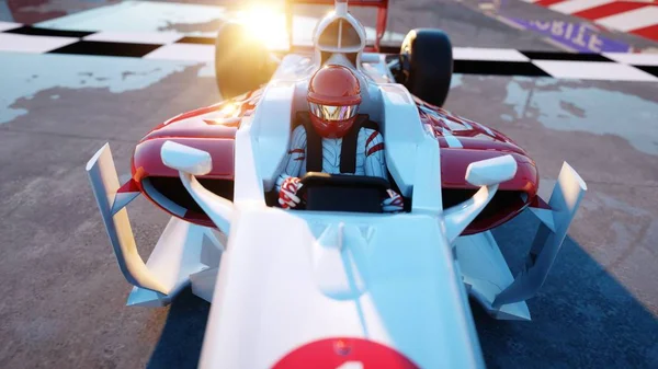 Závodník Formule 1 v závodním autě. Koncept rasy a motivace. Nádherný západ slunce. 3D vykreslování. — Stock fotografie