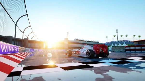 Formula 1 yarış otomobil yarışçısı. Irk ve motivasyon kavramı. Harika gün batımı. 3D render. — Stok fotoğraf