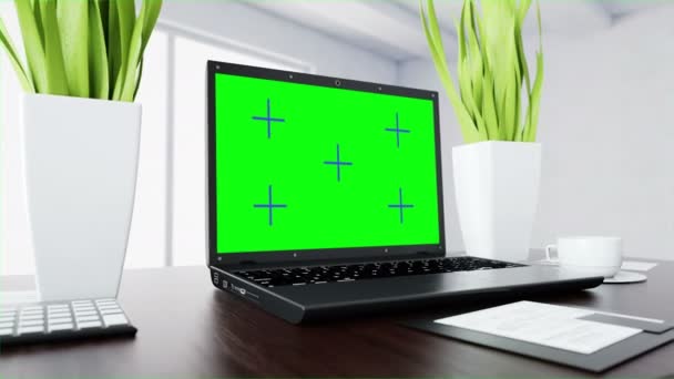 Σημειωματάριο, το lap-top στο τραπέζι. Χώρο εργασίας. Γραφείο εργασίας έννοια. Πράσινη οθόνη πλάνα του trackig. Ρεαλιστικό animation 4 k. — Αρχείο Βίντεο