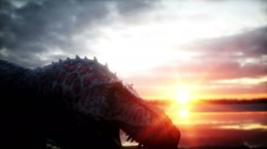 Dinozor. Tarih öncesi dönem, kayalık manzara. Acayip gündoğumu. Gerçekçi 4 k animasyon.