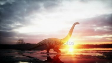 Dinozor. Tarih öncesi dönem, kayalık manzara. Acayip gündoğumu. Gerçekçi 4 k animasyon.