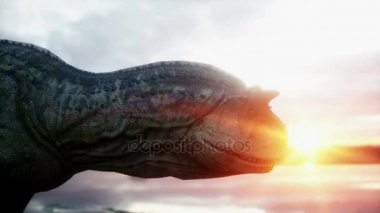 Dinozor. Tarih öncesi dönem, kayalık manzara. Acayip gündoğumu. Gerçekçi 4 k animasyon.