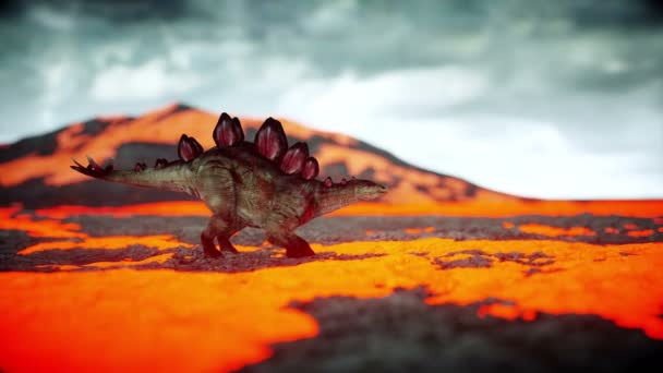 Éruption volcanique. Un dinosaure. Période préhistorique, paysage rocheux. Animation 4K réaliste .