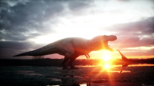 Un dinosaure. Période préhistorique, paysage rocheux. Merveilleux lever de soleil. Animation 4K réaliste .