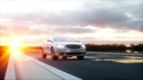 Voiture de luxe blanche sur autoroute, route. Conduite très rapide. Merveilleux coucher de soleil. Concept voyage et motivation. Animation réaliste 4k — Video