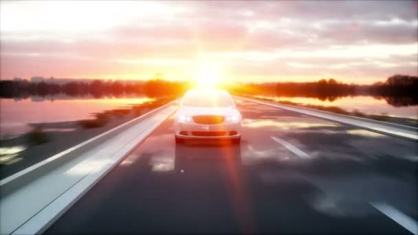 Luxe witte auto op de snelweg, weg. Zeer snel rijden. Prachtige zonsondergang. Reizen en motivatie concept. Realistische 4 k-animatie — Stockvideo