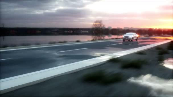 Luxus-weißes Auto auf der Autobahn, Straße. sehr schnelles Fahren. wunderbarer Sonnenuntergang. Reise und Motivationskonzept. realistische 4k-Animation — Stockvideo