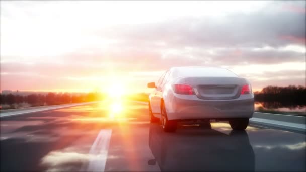 Auto bianca di lusso in autostrada, strada. Guida molto veloce. Splendido tramonto. Concetto di viaggio e motivazione. Animazione realistica 4k — Video Stock