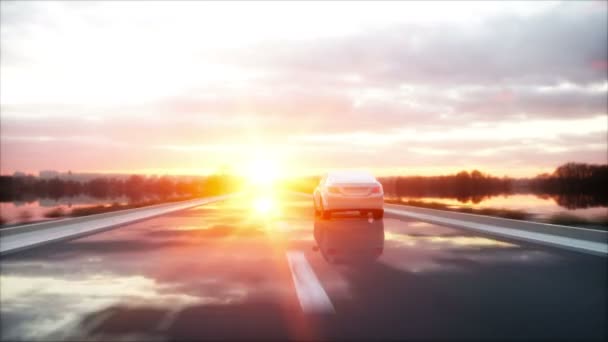 Luxe witte auto op de snelweg, weg. Zeer snel rijden. Prachtige zonsondergang. Reizen en motivatie concept. Realistische 4 k-animatie — Stockvideo
