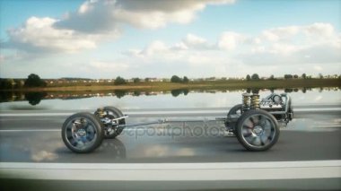 Araba şasi ile motor karayolu üzerinde. Geçiş. Çok hızlı araba. Otomatik kavramı. Gerçekçi 4 k animasyon.