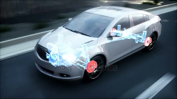 Автомобильные тормоза. Рентген. Машина на шоссе. Реалистичная анимация 4k . — стоковое видео