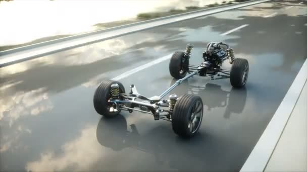 Car chassis with engine on highway. Transition. Very fast driving. Auto concept. Realistic 4k animation. — Stock Video