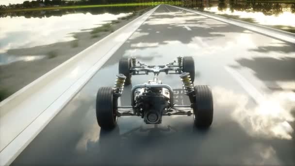 Chassis de carro com motor na estrada. Transição. Uma condução muito rápida. Conceito de automóvel. Animação 4k realista . — Vídeo de Stock