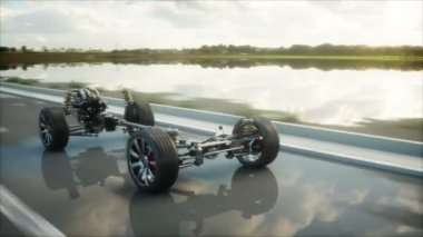 Araba şasi ile motor karayolu üzerinde. Çok hızlı araba. Otomatik kavramı. Gerçekçi 4 k animasyon.