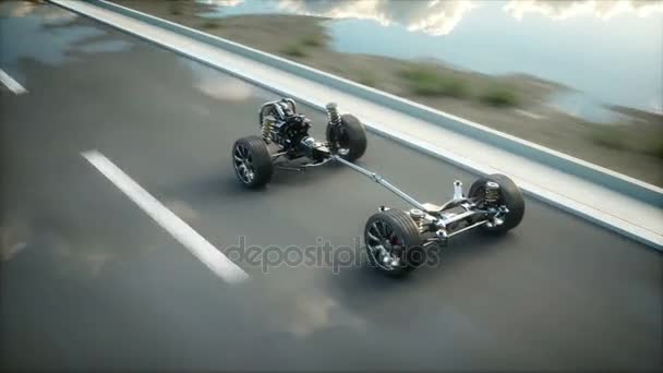 Chasis de coche con motor en carretera. Conduce muy rápido. Concepto automático. Animación realista 4k . — Vídeos de Stock