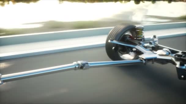 Chasis de coche con motor en carretera. Conduce muy rápido. Concepto automático. Animación realista 4k . — Vídeos de Stock