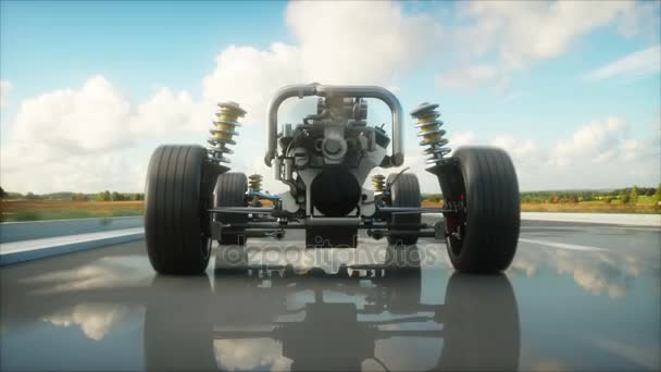 Car chassis with engine on highway. Very fast driving. Auto concept. Realistic 4k animation. — Stock Video