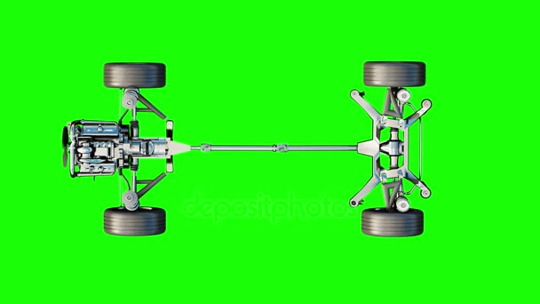 Chasis de coche con motor aislado. Conduce muy rápido. Concepto automático. Pantalla verde. Animación realista 4k . — Vídeos de Stock