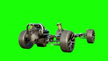 Araba şasi motoru ile izole et. Çok hızlı araba. Otomatik kavramı. Yeşil ekran. Gerçekçi 4 k animasyon.