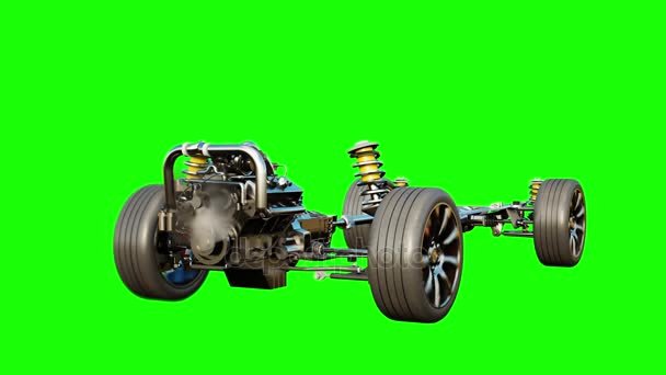 Car chassis with engine isolate. Very fast driving. Auto concept. Green screen. Realistic 4k animation. — Stock Video