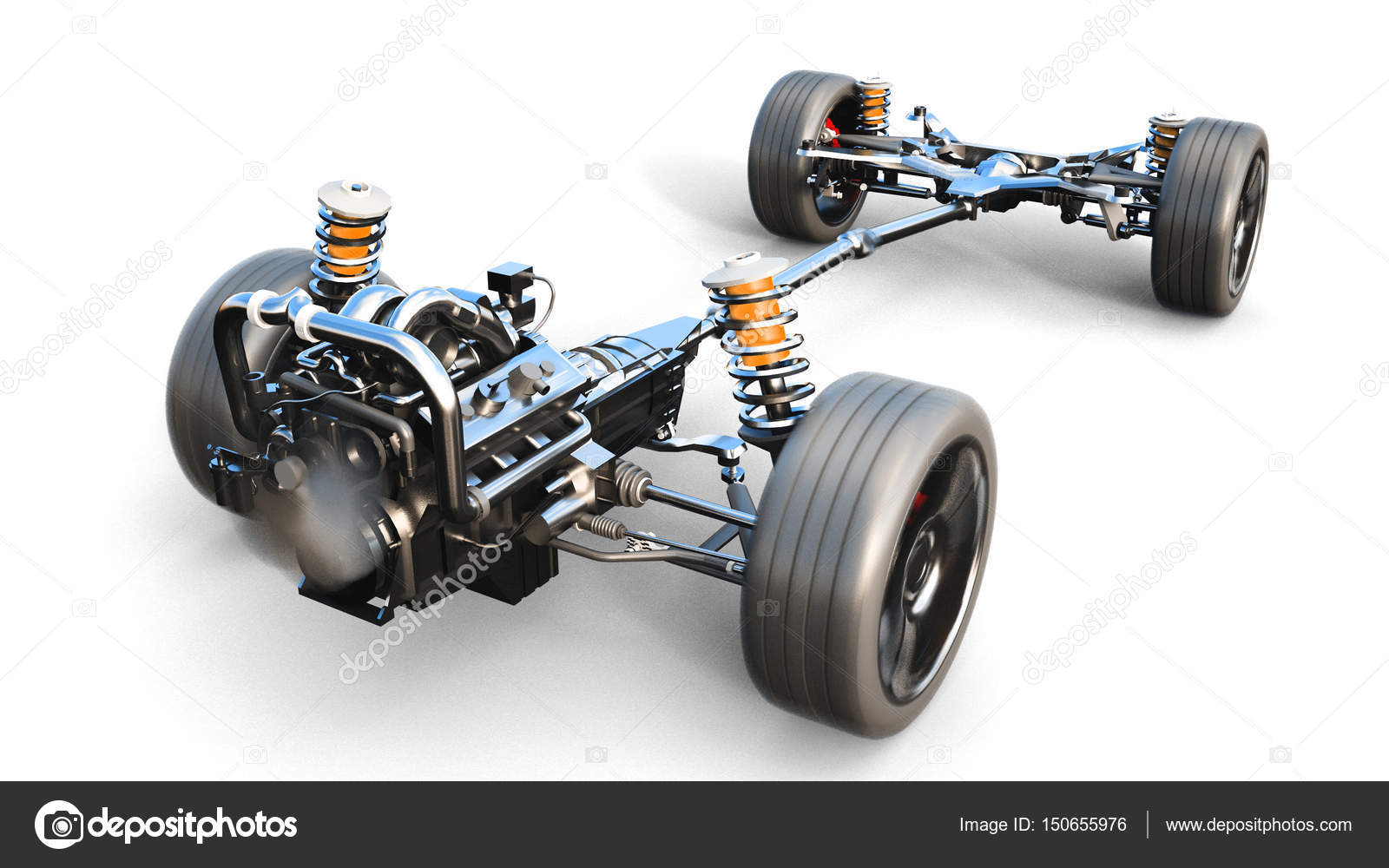 Car chassis with engine on white isolate. 3d rendering. Stock Photo by ©chagpg 150655976
