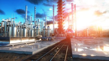 Rafineri. Petrol, petrol tesisi. Metal boru. 3D render.