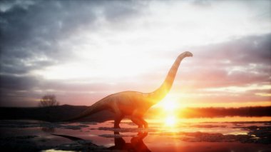 Dinozor. Tarih öncesi dönem, kayalık manzara. Acayip gündoğumu. 3D render.