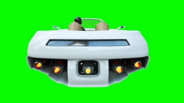 Kadınla fütüristik uçan araba. Geleceğin ulaşım. İzole et. 3D render