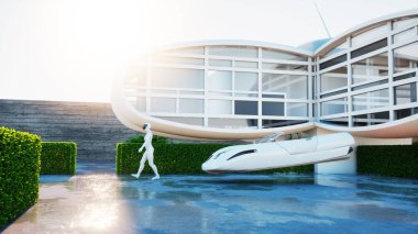 Geleceğin ev. Yürüyen kadın ile fütüristik uçan araba. 3D render.