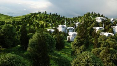 fütüristik şehir, köy. Gelecek kavramı. Havadan görünümü. 3D render.