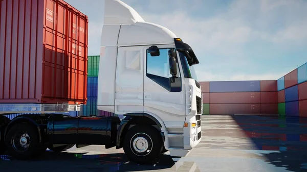 Camión en depósito de contenedores, embarcadero, puerto. Contenedores de carga. Concepto logístico y empresarial. renderizado 3d . — Foto de Stock