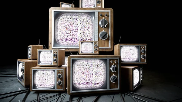 成堆的复古，古董电视在黑暗的房间里。3d 渲染. — 图库照片
