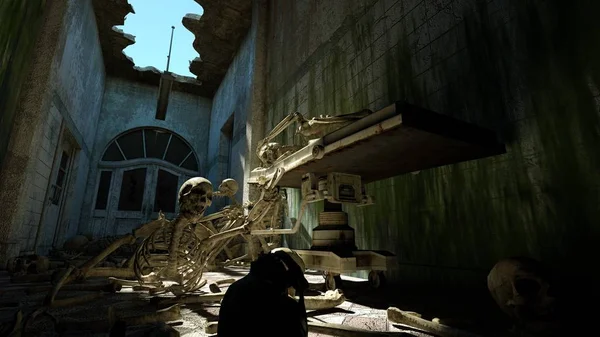 Enge skeletten in de oude ziekenhuis, lijkenhuis. Apocalyps horror concept. 3D-rendering. — Stockfoto