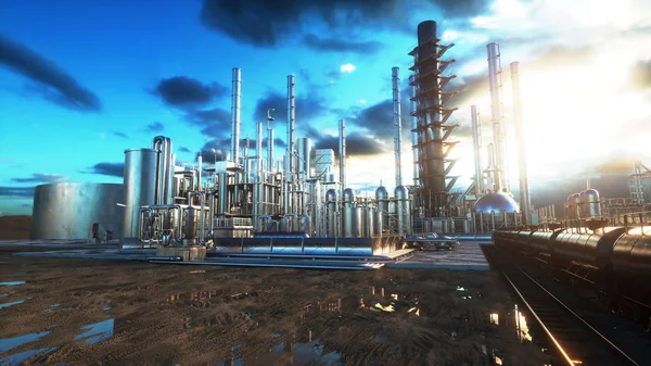 Raffinaderiet. Olja, petrolium växt. Metallrör. 3D-rendering. — Stockfoto