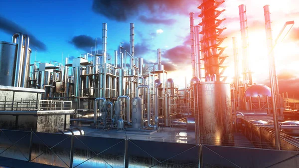 Refinería. Aceite, planta de petróleo. Tubería de metal. renderizado 3d . —  Fotos de Stock