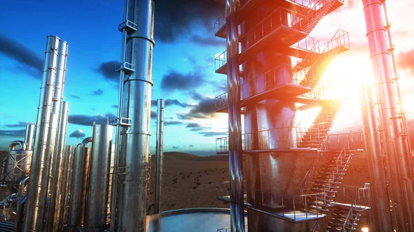 Raffinaderij. Olie, petrolium plant. Metalen pijpje. 3D-rendering. — Stockfoto