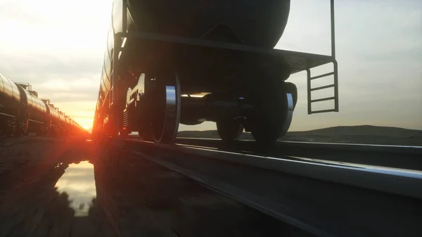 Товарний потяг нафтових танкерів. Проти Sunrise. 3D-рендерінг. — стокове фото