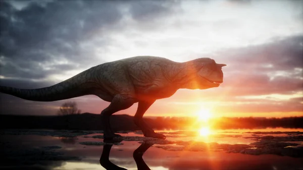 Un dinosaure. Période préhistorique, paysage rocheux. Merveilleux lever de soleil. Rendu 3d . — Photo