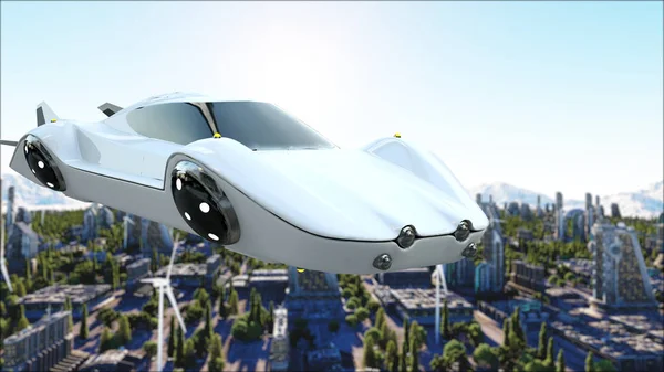 Futurisztikus autó repül a város felett város. Közlekedési a jövő. Légifelvételek. 3D-leképezés. — Stock Fotó