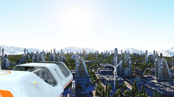 Futuristische passagier bus vliegt over de stad, stad. Vervoer van de toekomst. 3D-rendering. — Stockfoto