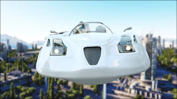 Carro futurista sobrevoando a cidade, cidade. Transporte do futuro. Vista aérea. Renderização 3d . — Fotografia de Stock