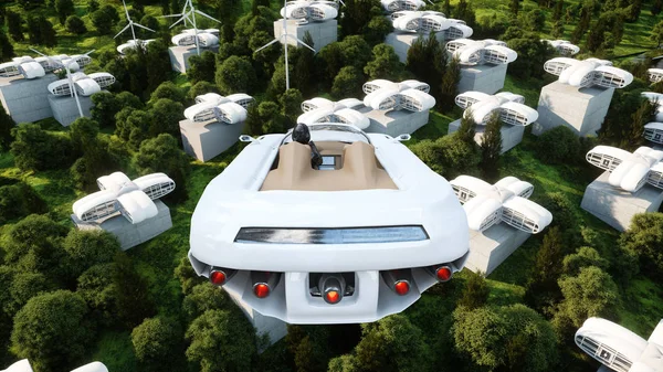 Futurisztikus autó repül át a város táj. Közlekedési a jövő. Légifelvételek. 3D-leképezés. — Stock Fotó