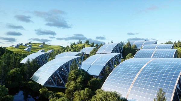 Paneles solares en un paisaje maravilloso. Futuro. renderizado 3d . — Foto de Stock