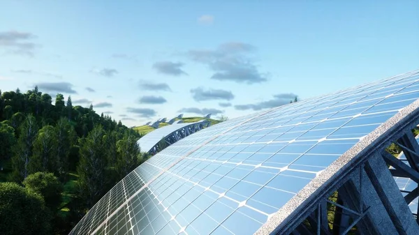 Solpaneler i underbara landskap. Framtiden. 3D-rendering. — Stockfoto