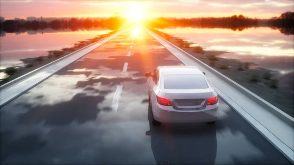 Auto bianca di lusso in autostrada, strada. Guida molto veloce. Splendido tramonto. Concetto di viaggio e motivazione. rendering 3d . — Foto Stock