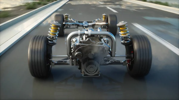 Auto chassis met motor op snelweg. Zeer snel rijden. Auto concept. 3D-rendering. — Stockfoto